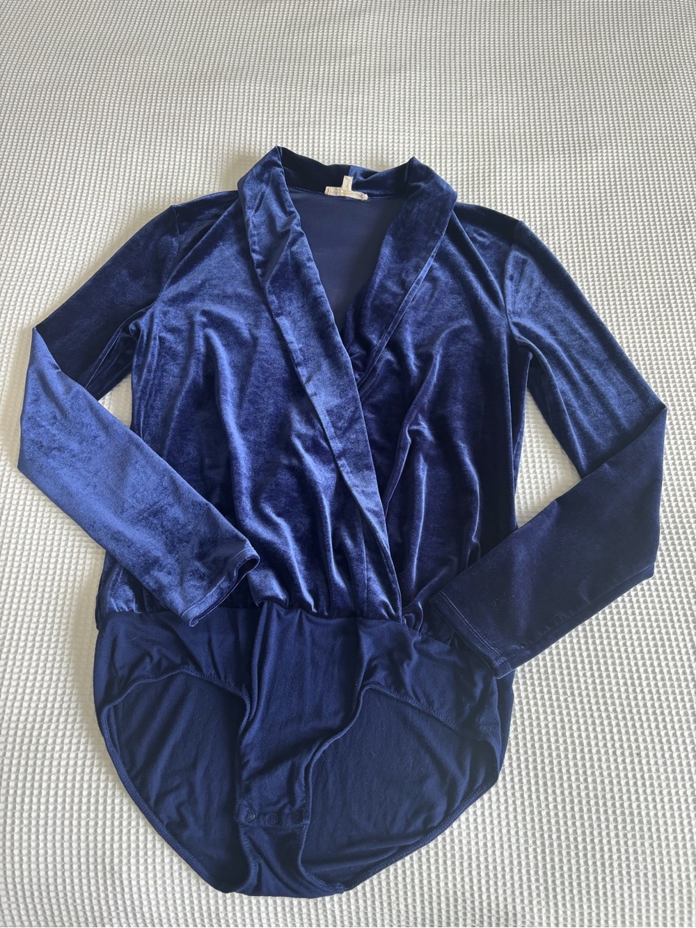Pur Velvet Long Sleeve Wrap Bodysuit in Navy Blue